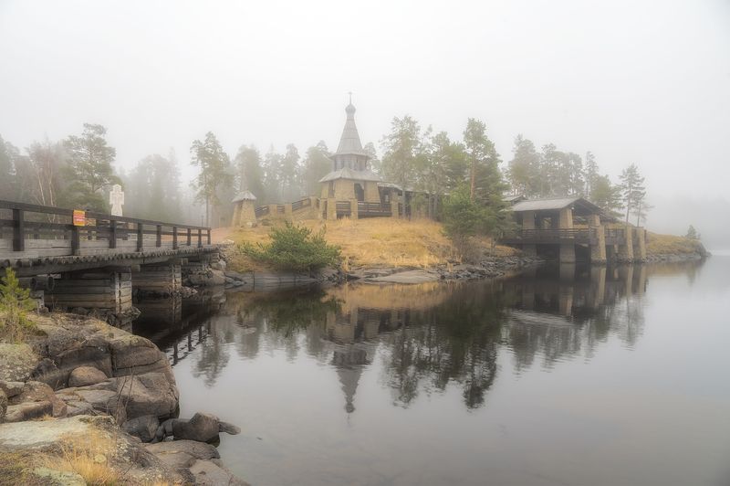 весна, остров, часовня, скит, туман photo preview