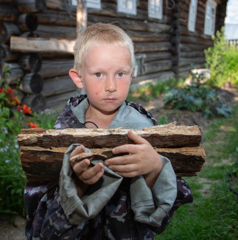 Деревенский мальчишка с дровами.photo preview