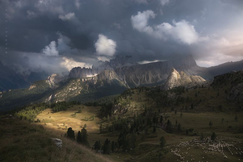 dolomiti, dolomites, sunrise, landscape, sky, sun, mountains, clouds, trees, italy, calm, morning hills of Dolomitesphoto preview