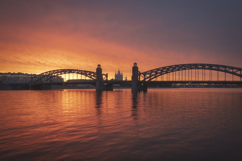 закат , санкт-петербург , питер , нева , смольный собор , большеохтинский мост , мост петра великого Закат за Большеохтинским мостомphoto preview