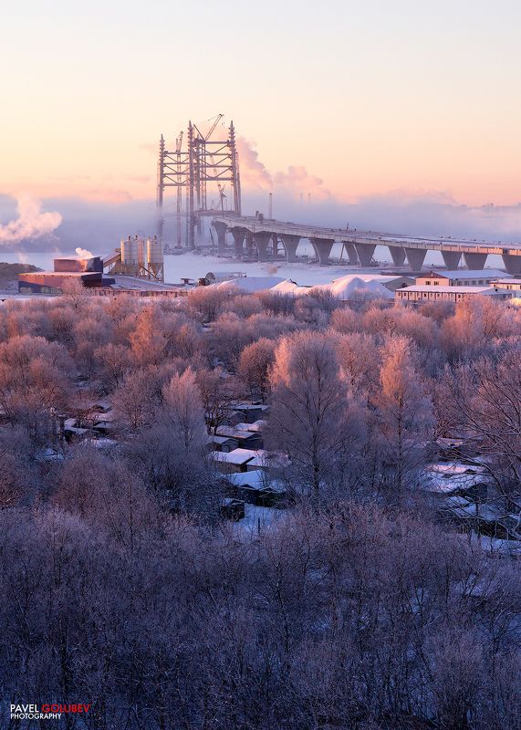 Россия, город, СПб, Питер, Петербург, ЗСД, Западный Скоростной Диаметр, зима, иней, деревья, лед, восход, утро, снег Мост через рекуphoto preview