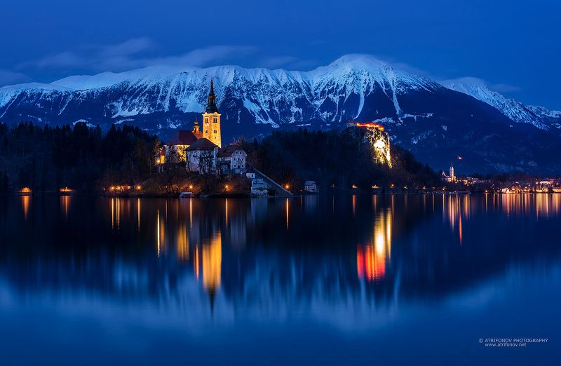 Bled, lake, Slovenia, Europe, night, mountain, winter, church, island, water, blue hour, snow, Alps, lights, rewflections Lake Bledphoto preview