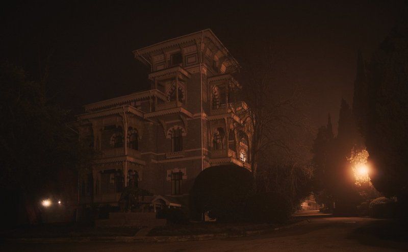 Парк, Гурзуф, Крым, Пейзаж, Архитектура, Туман, Огни, Фонари, Ночь, Ялта, Кипарисы Туманная ночьphoto preview