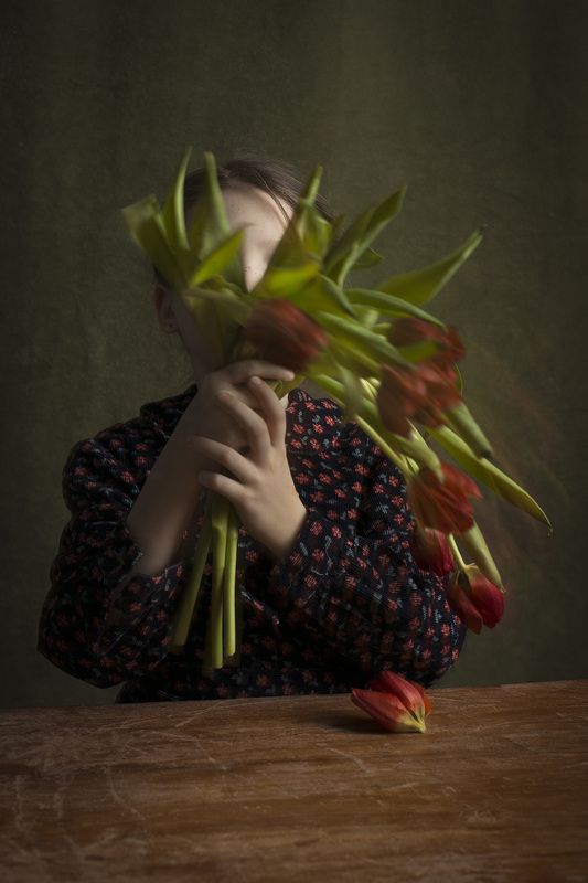 Child, Dark, Flowers, Girl, Photo, Portrait, Spring, Tulips Marina with tulipsphoto preview