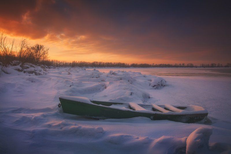 Закат, Зима, Лодка, Озеро, Снег, Шатура * * *photo preview