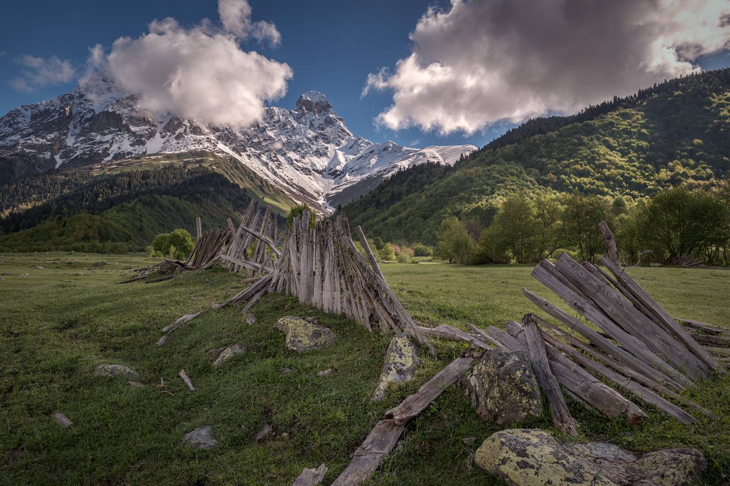 Old Fence In Mazeri. Автор: Чиж Андрей svaneti, mazeri, fence, mountain, ushba, clouds, sky, rocks, high, nature, landscape, scenery, travel, outdoors, georgia, sakartvelo, chizh, Чиж Андрей