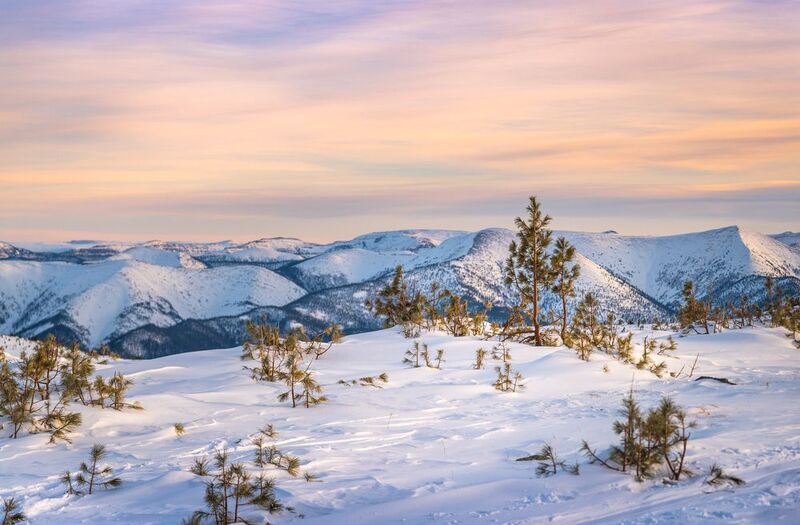 Зима, снег, Хамар-Дабан, Прибайкалье, закат Вечер на хребтеphoto preview