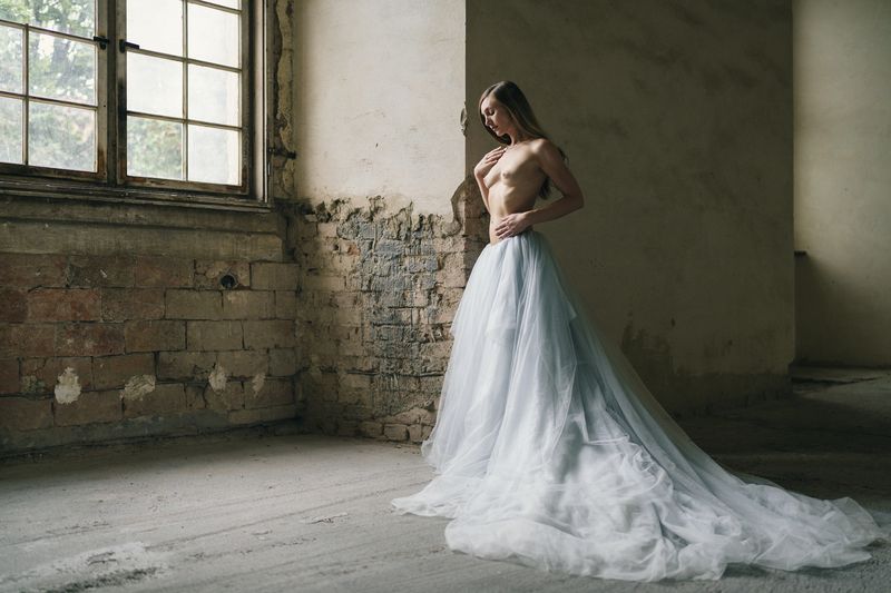 abandoned space, artistic nude, ball gown, classical elegance, delicate grace, dreaminess, elegant pose, indoors, minimalist aesthetic, natural beauty, neoclassical influence, one person, poetic sensuality, side view, standing, window, young woman A Study in Transiencephoto preview