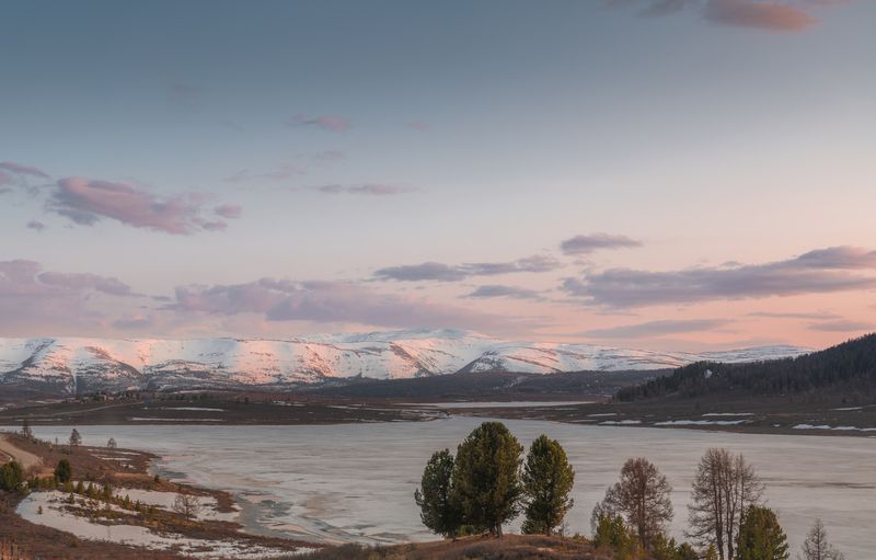 горы, озеро, лес, закат, снег Горный Алтайphoto preview