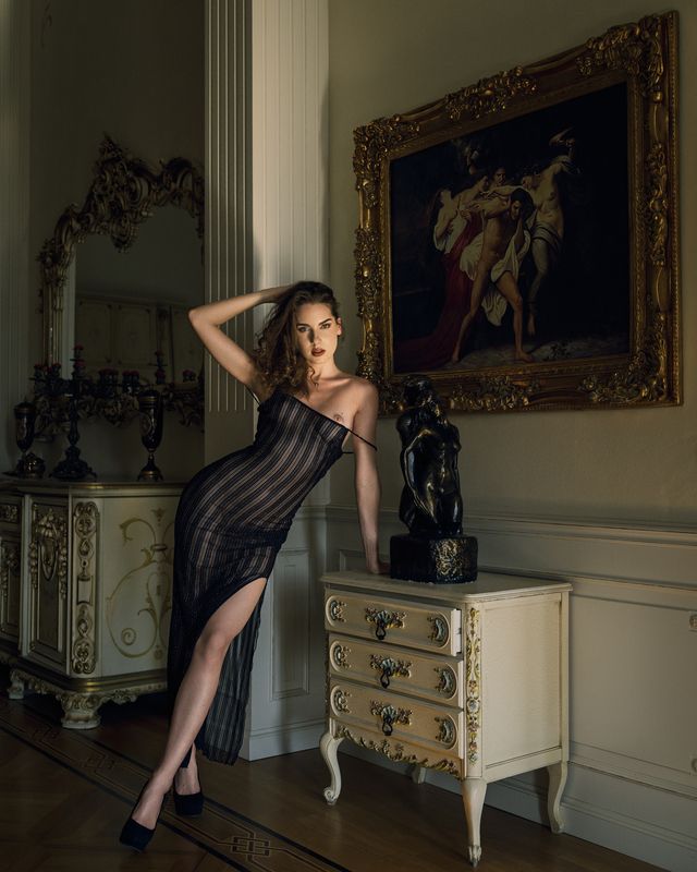 artistic nude, beautiful woman, captivating gaze, elegant pose, feminine grace, front view, intimate portraiture, lingerie, looking at camera, one person, poetic sensuality, renaissance style, sensual elegance, standing, vintage aesthetic, young woman The Temptation of Classicismphoto preview