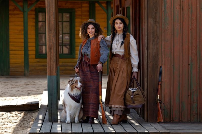 две девушки, жанр, ранчо, лето, собака, мушкет, юбки, жилеты, шляпы, деревянные постройки, солнечный день Двое и собака фото превью