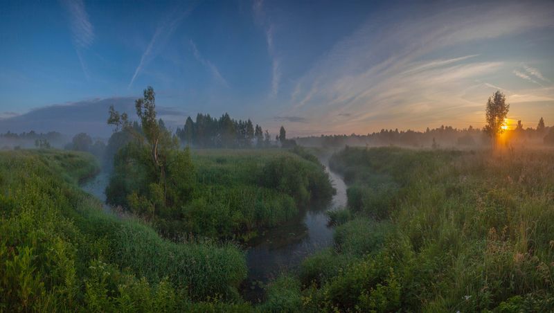 рассвет, река, поле , лес photo preview