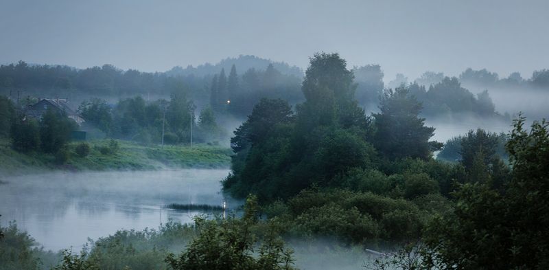 сямжа, река, село, туман Сямжа фото превью