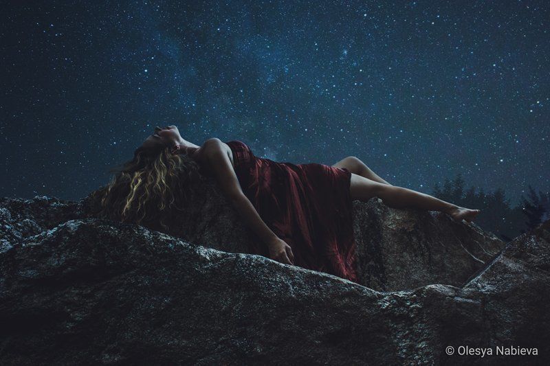 sky, jungle, girl, beauty, nature, blue, night, freedom, rock, outdoor, summer, beautiful, moon, fashion, female, stars, model, legs, sexy, tender, stone, blonde, silence, space, dress, dream, tenderness, sleeping, fantasy, awesome Walking through the junglephoto preview