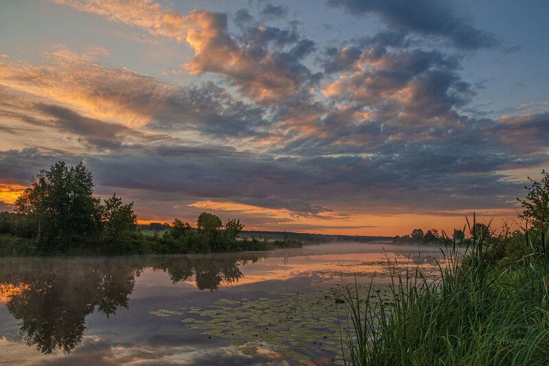 лето озеро рассвет облака туман природа пейзаж На восходе.photo preview