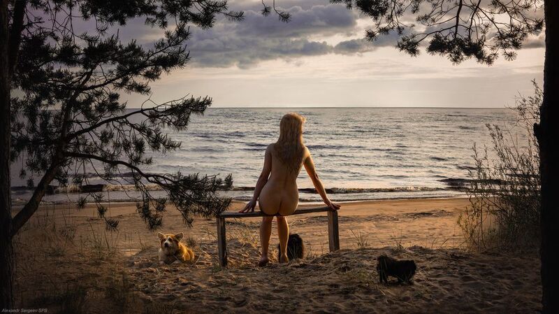 девушка,обнажённая,природа,озеро,собачка,закат,гармония,грация,романтика,настроение Дама с собачкамиphoto preview