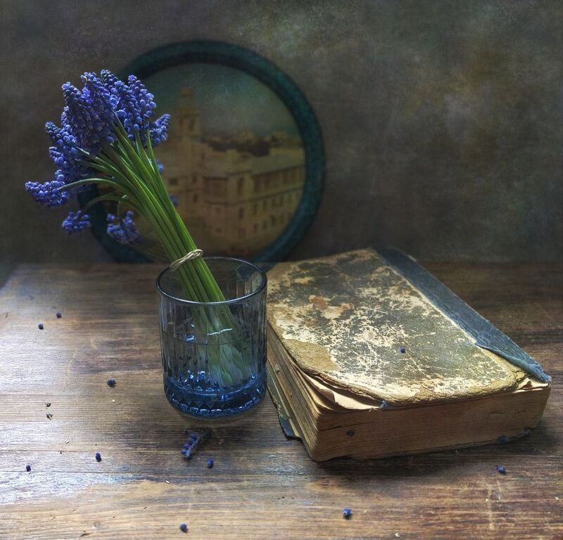 мускари, книга, поднос, цветы С мускарямиphoto preview
