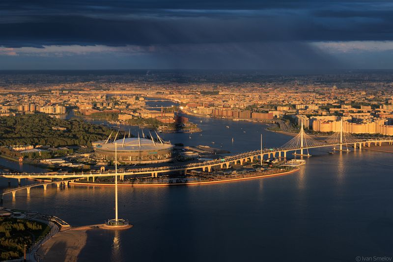 петербург, санкт-петербург, спб, архитектура, лахта, лахтацентр, лахта-центр Панорама вечернего города со смотровой площадки Лахта-центраphoto preview