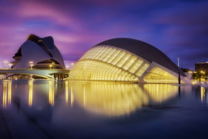 испания, валенсия, рассвет, закат, архитектура, город, город искусств и наук, отражение, spain, espana, valencia, city of arts and sciences, dusk, dawn, city Город искусств и наук / City of Arts and Sciences фото превью