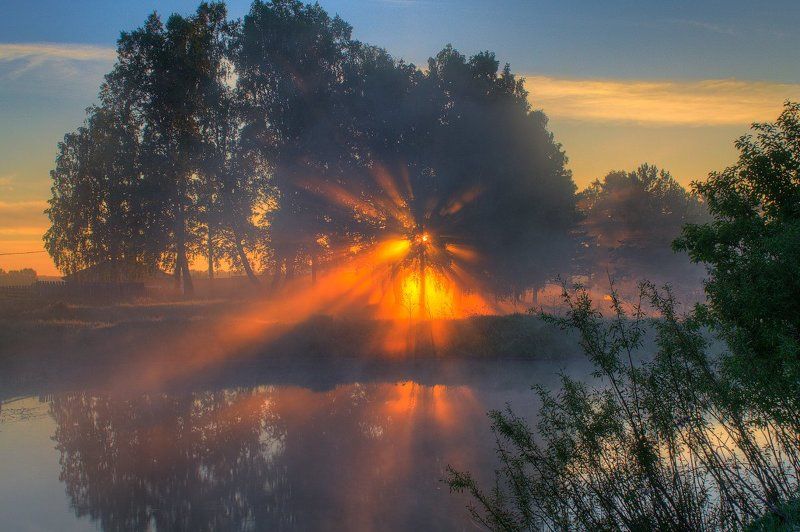 лес, лето, небо, отражение, пейзаж, природа, солнце, туман Пробуждениеphoto preview