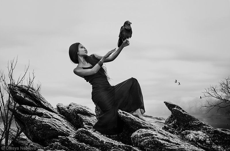 girl, beauty, rocks, beautiful, black and white, woman, elegant, female, alone, art, black, dark, surreal, fairy, magic, young, witch, crow, dress, dream, imagination, outdoors, fantasy, mystical, enchantress, magical, wise, ghostly, Mystic, lamia Elegance of the dark sidephoto preview