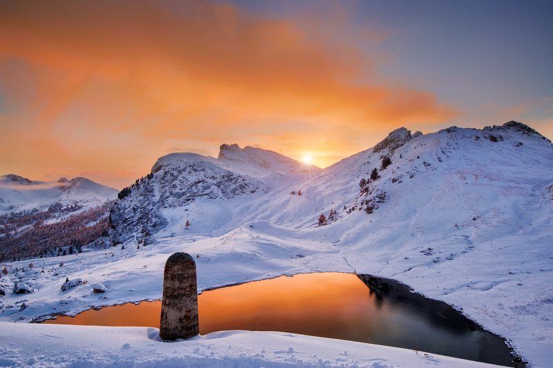 Italy, Dolomites, Alps, autumn, sunset, autumn colors, first snow, snow, rocks, Südtirol, lake, beautiful place, travel, clouds, Valparolla Dolomitesphoto preview