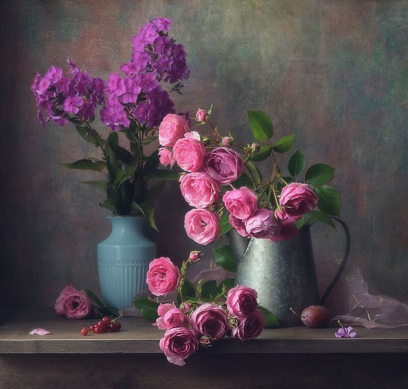 натюрморт,цветы,лето,июль,розы,флокс,сливы летний...photo preview