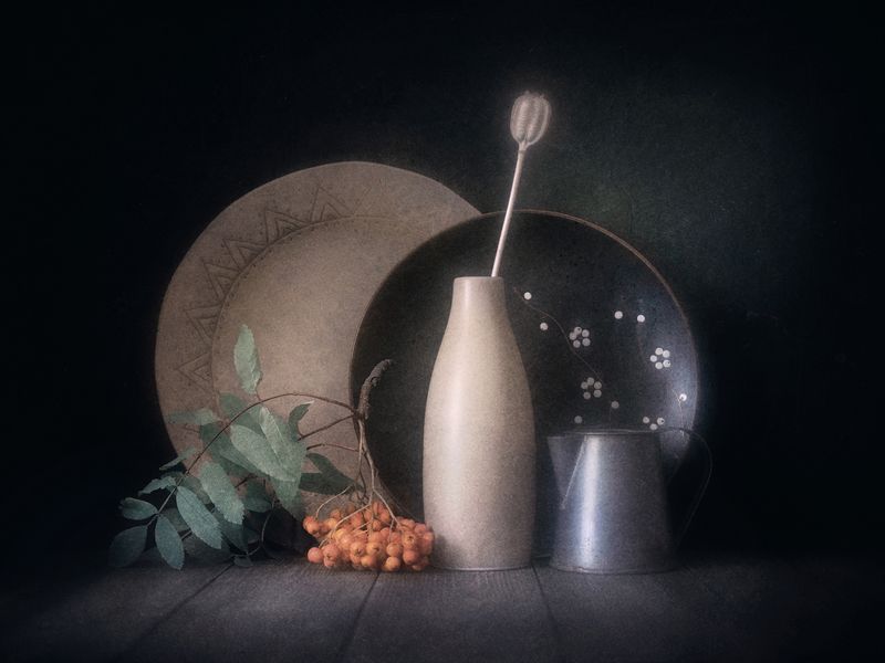 натюрморт, рябина, тюльпан С прошлогодним тюльпаном.photo preview