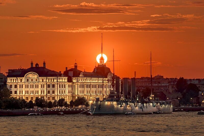 санкт-петербург, питер, город, ночной город, закат, нева, аврора, крейсер аврора, солнце Закат над Невой фото превью