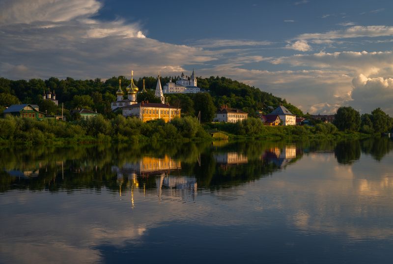 россия, гороховец, лето, владимирская область, храм, церковь, православие, вечер, закат, колокольня, река, провинция Прекрасная глубинкаphoto preview