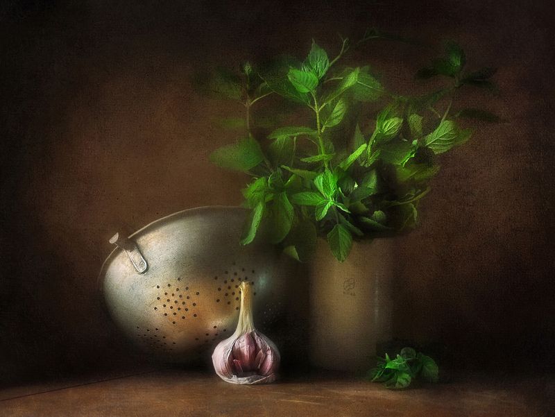 натюрморт, чеснок, мята, лето Чесночно-мятныйphoto preview