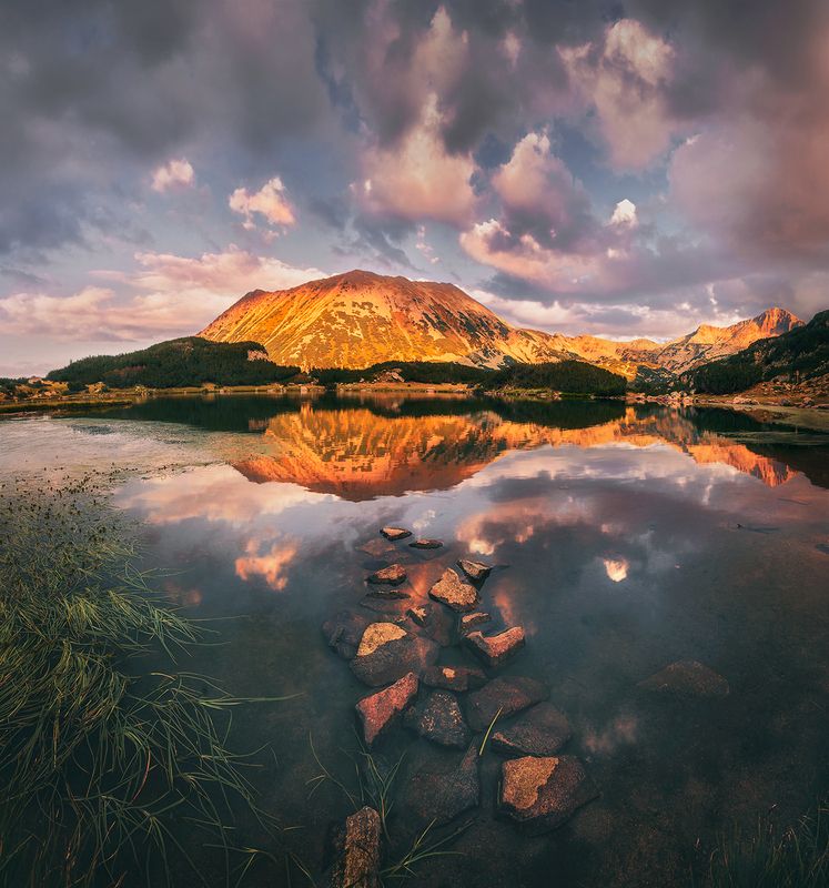 landscape, nature, scenery, summer, sunset, lake, reflection, clouds, mountain, peak, пейзаж, закат, горы, озеро Lake Muratovo and Todorka Peak, Pirinphoto preview