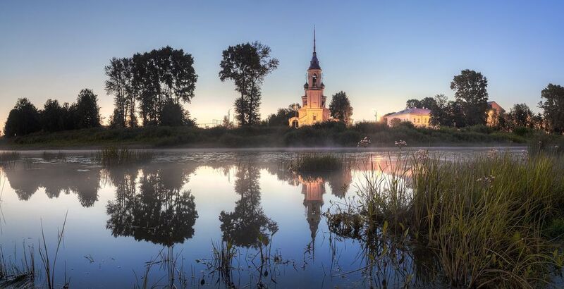 лето, утро, река, туман, церковь photo preview