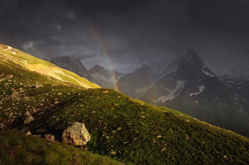 кавказ, кчр, горы, закат, радуга Касание радуги фото превью