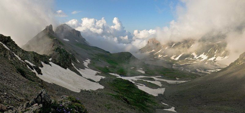 Агурские озёра, Архыз, Вершина, Вечер, Высота, Горы, Земля Санникова, Июль, Камни, Лето, Момент, Облака, Панорама, Перевал Федосеева, Снег, Туман, Турье плато, Хребет Земля Санниковаphoto preview