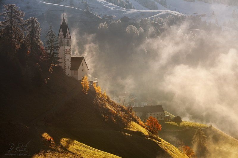Italy, Italia, Italien, Dolomiti, Dolomites, Dolomiten, Wengen, Alta Badia, La Valle, Alpine Church, Alps, Alpen, autumn, autumn morning, mist, fog, church, danielrericha Morning in alpine valleyphoto preview