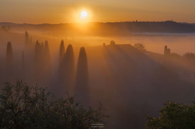 Тоскана, туман, италия, утро, кипарисы, пейзаж, солнце, восход Волшебное утро в Тосканеphoto preview
