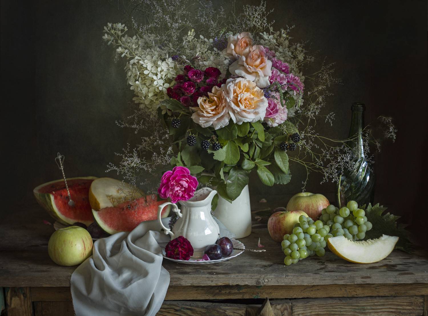 цветы, букет, фрукты, лето, гортензия, арбуз, виноград, Зимина Лионелла