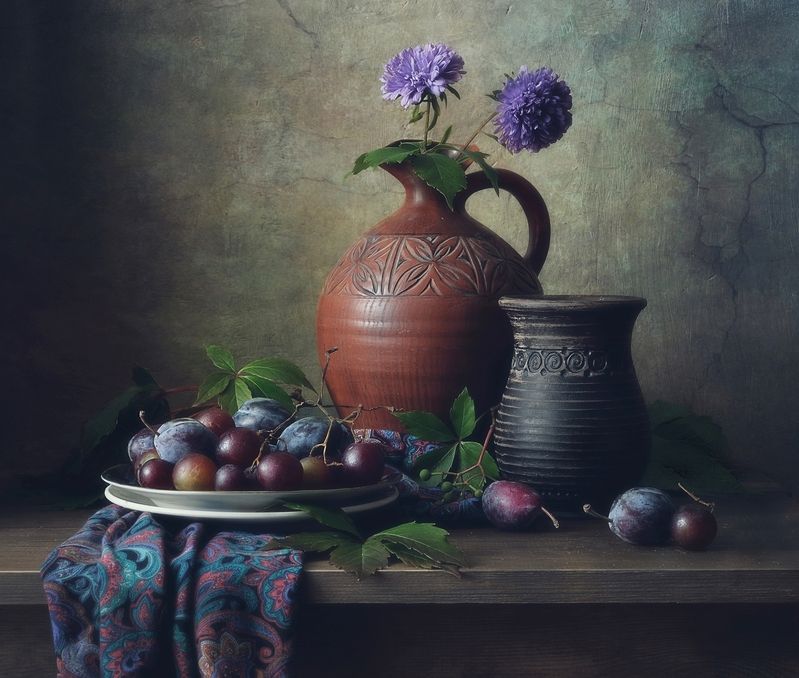 натюрморт,август,виноград,сливы,кувшин август...photo preview