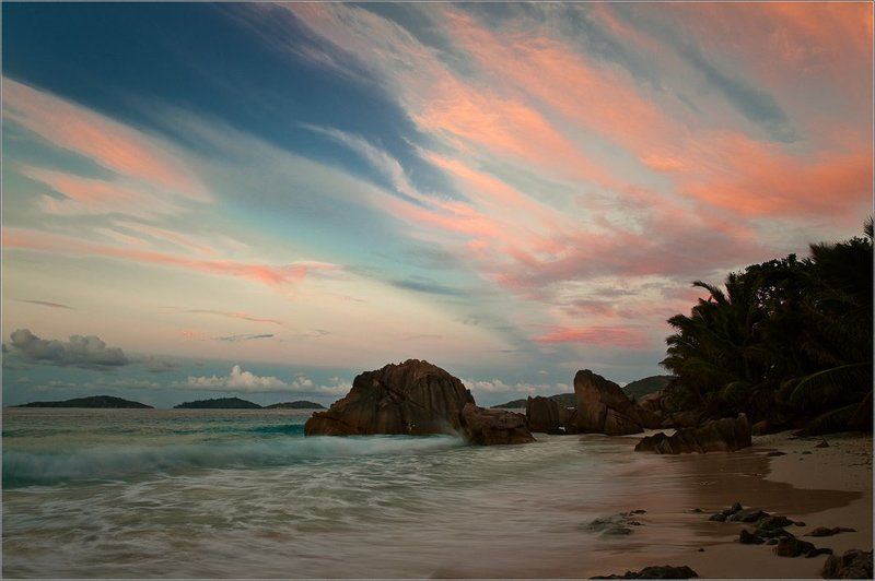 анс патат, Закат, ла диг, Море, Небо, Облака, Океан, Пейзаж, Природа, сейшелы, Цвет photo preview