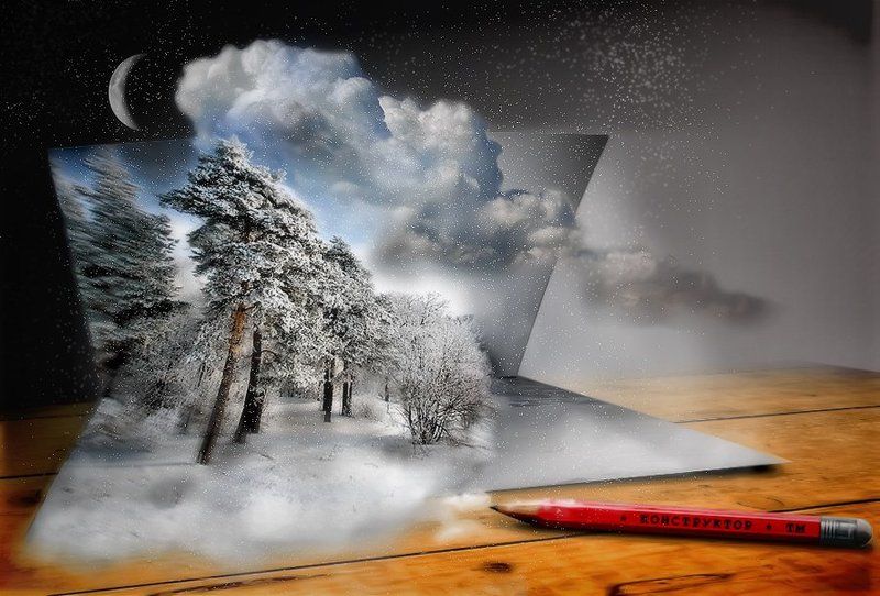 зима, карандаш, коллаж, луна, облака, открытка, природа, снег февральские открыткиphoto preview