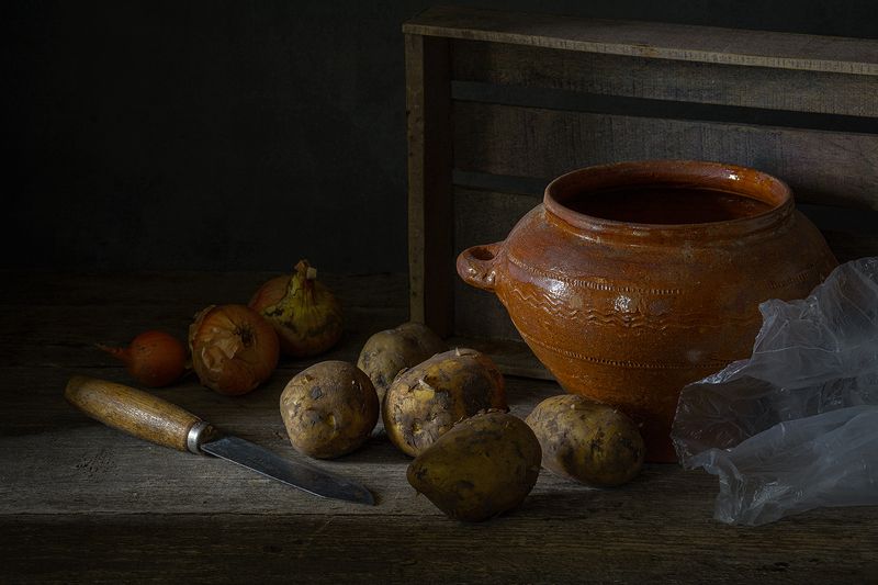 картошка, лук, горшок, ящик, нож photo preview