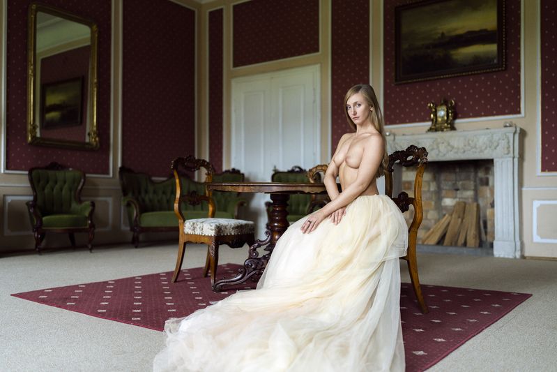 artistic nude, classical beauty, elegant composition, emotional stillness, feminine grace, fireplace interior, golden mirror, intimate scene, long skirt, parlor interior, poised figure, romantic style, salon portrait, seated elegance, vintage aesthetic Lady in Waitingphoto preview