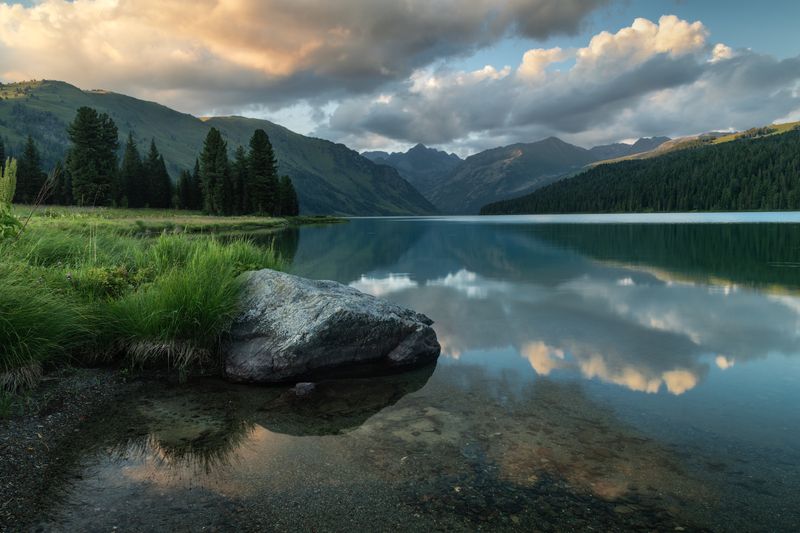 алтай, горный алтай, пейзажи алтая, усть-коксинский район, горное озеро, altay mountains, летний алтай, горы, горная тайга, катунский хребет, катунский заповедник, озеро, тайменье Вечерние грёзы Тайменьегоphoto preview