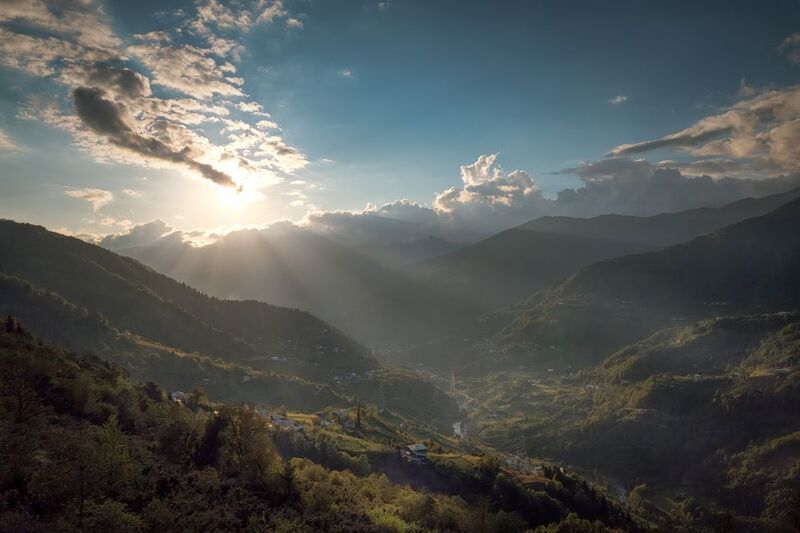 sun, sunset, mountains, rays, sky, clouds, dandalo, ajaristskali, valley, view, landscape, scenery, travel, outdoors, caucasus, sakartvelo, georgia, adjara, chizh Sunset Over Mountainsphoto preview