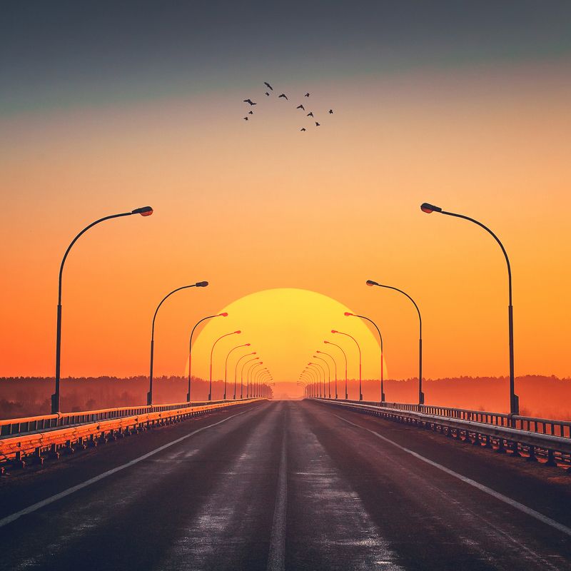 солнце закат дорога мост фонари птицы  Закат фото превью
