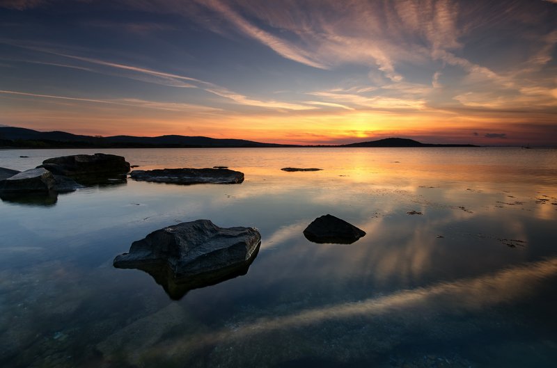 black sea, clouds, fineart, golden hour, landscape, light, reflection, rocks, sea, seascape, sky, sun, sunset Reflections at sunsetphoto preview