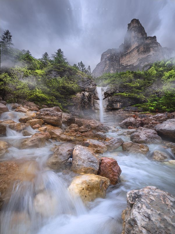 dolomiti, dolomites, sunrise, landscape, sky, sun, mountains, clouds, trees, italy, calm, waterfall, longexposure, The Tower and the waterfallphoto preview