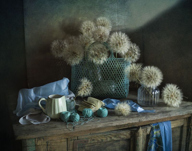 кошёлка, одуванчики, голубое Пушистое ретро фото превью