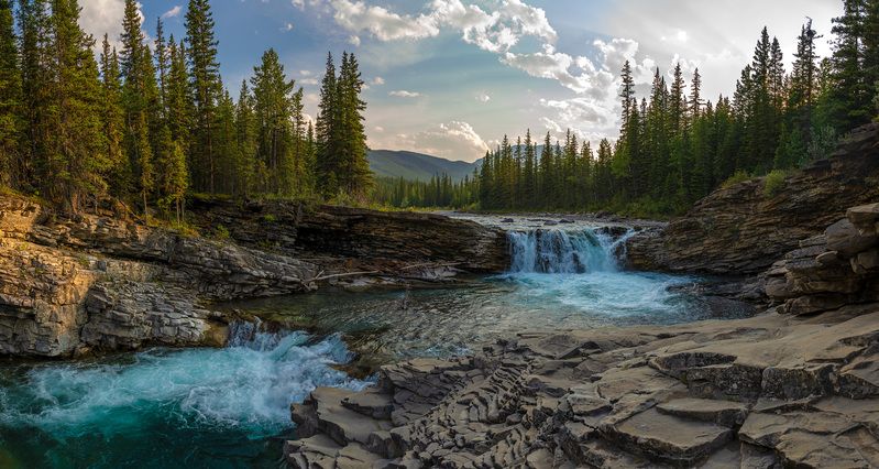 waterfall, river, canyon, mountains, pines, rocky mountains, alex gubski Sheep River Fallsphoto preview